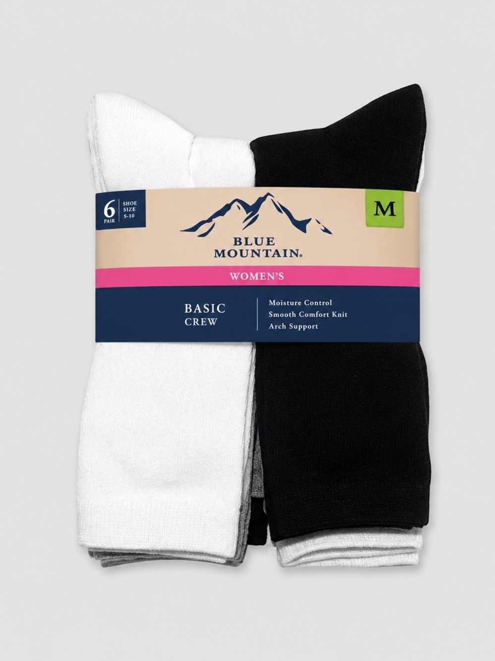 Blue Mountain Women's Basic Crew Socks 6 Pair Pack Moisture-Arch Sup. M 5-10 NWT